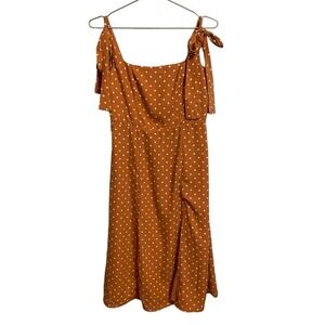 OPT Few Moda Polka Dot Tie Shoulder Smocked Back Midi Dress Rust Orange NEW